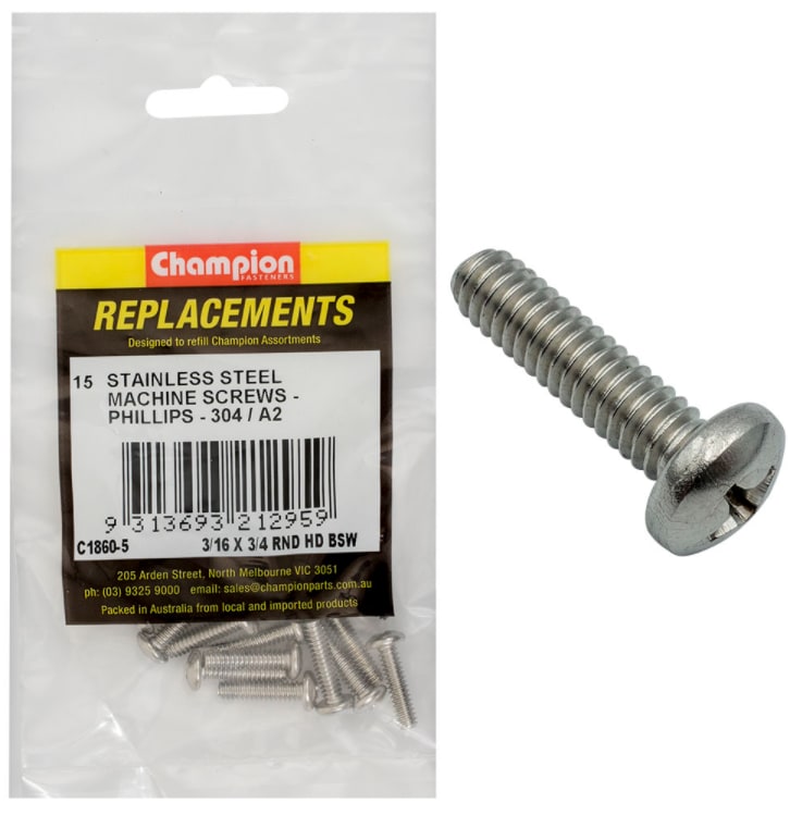 3/16 X 3/4 RND Stainless Steel Machine Screws-15PK (Packet)