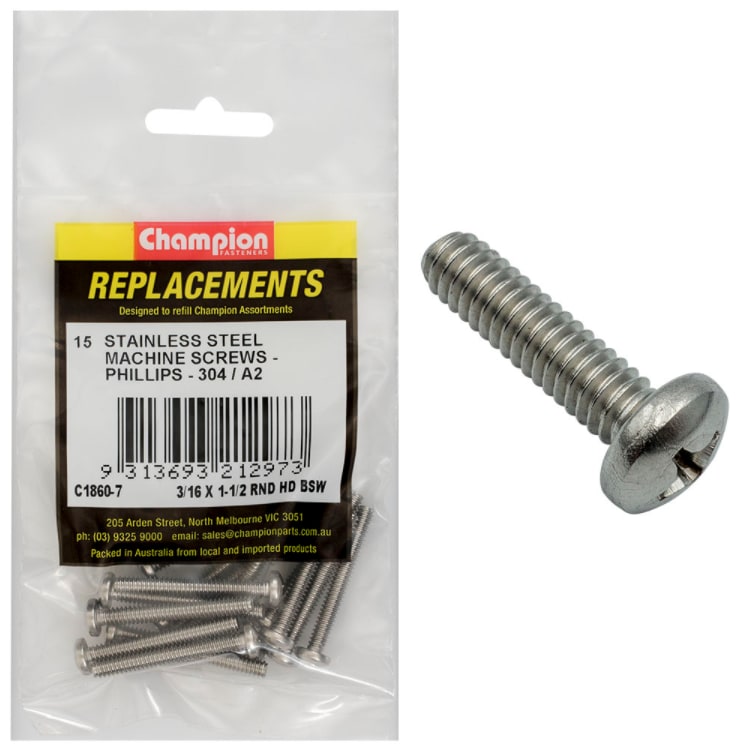 3/16 X 1-1/2 RND Stainless Steel Machine Screws-15PK (Packet)