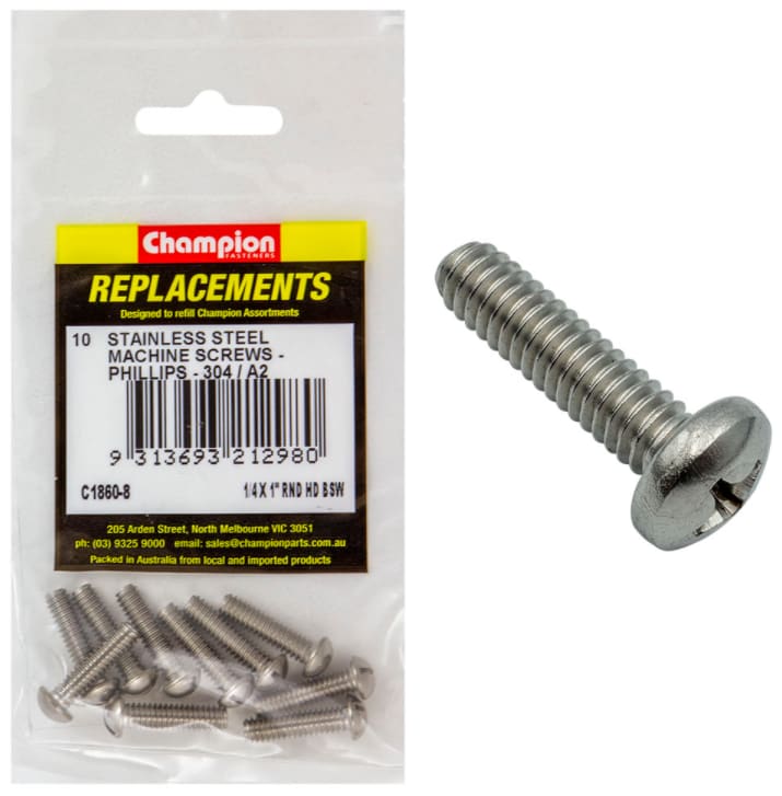 1/4 X 1'' RND Stainless Steel Machine Screws-10PK (Packet)