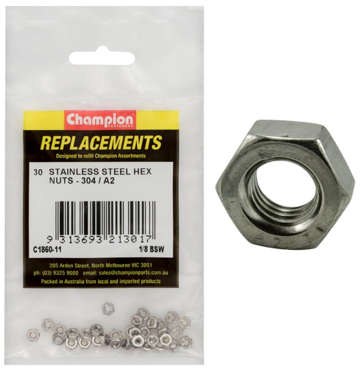 1/8 BSW Stainless Steel Hex Nuts-30PK (Packet)