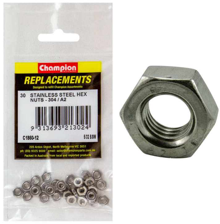 5/32 Stainless Steel Hex Nuts-30PK (Packet)