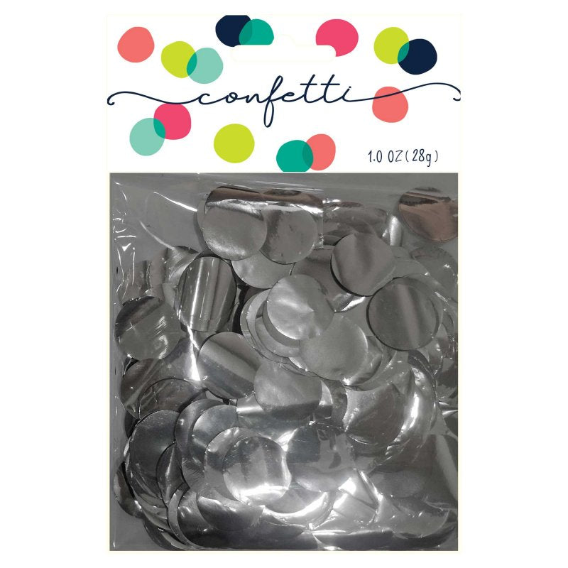 Silver metallic confetti circles (28g) for adding sparkle to parties, weddings, and festive events.