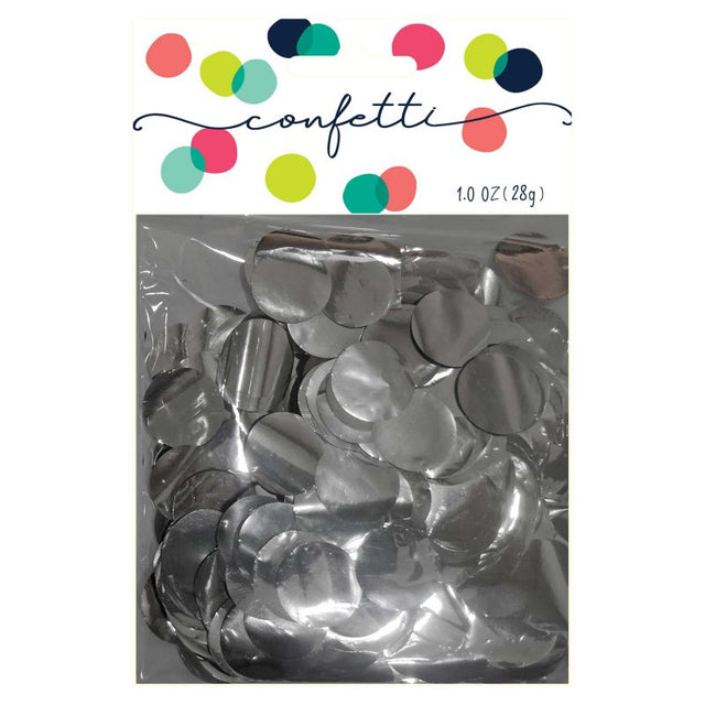 Silver metallic confetti circles (28g) for adding sparkle to parties, weddings, and festive events.
