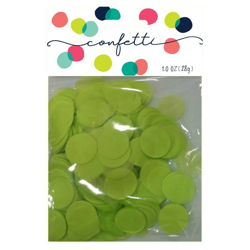 Bright lime green 2cm tissue paper confetti circles, perfect for party decor and creative projects, in a 28g pack.