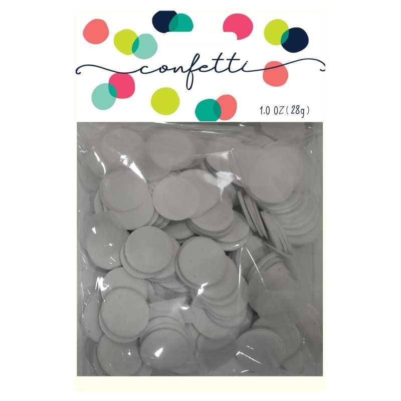 White 2cm tissue paper confetti circles in a 28g pack, perfect for adding elegance to celebrations and decorations.