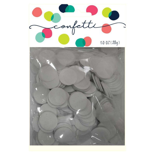 White 2cm tissue paper confetti circles in a 28g pack, perfect for adding elegance to celebrations and decorations.