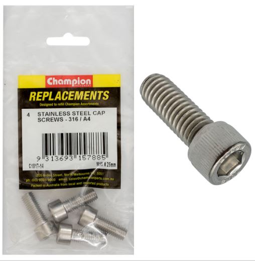 M10 x 25mm Socket Cap Screw 316/A4 -4pk (Packet)