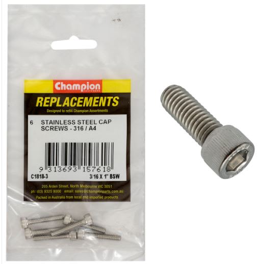 3/16" x 1" BSW Socket Cap Screw 316/A4 -6pk (Packet)