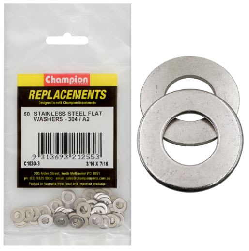 3/16" x 7/16" Stainless Flat Washer 304/A2 -50pk (Packet)