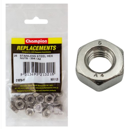 M8 x 1.25 Stainless Hex Nut 304/A2 -26pk (Packet)