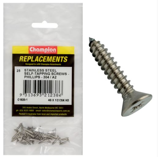 4G x 1/2 S/Tappg Screw Csk Hd Phillips 304/A2-25pk