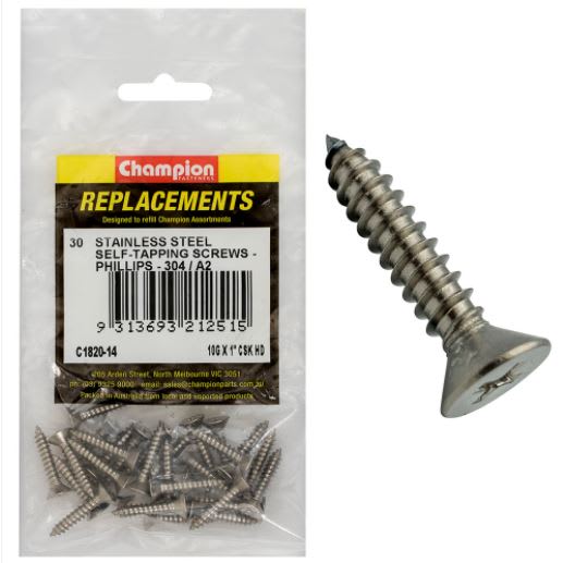10Gx1" S/Tapping Screw Csk Hd Phillips 304/A2-30pk (Packet)