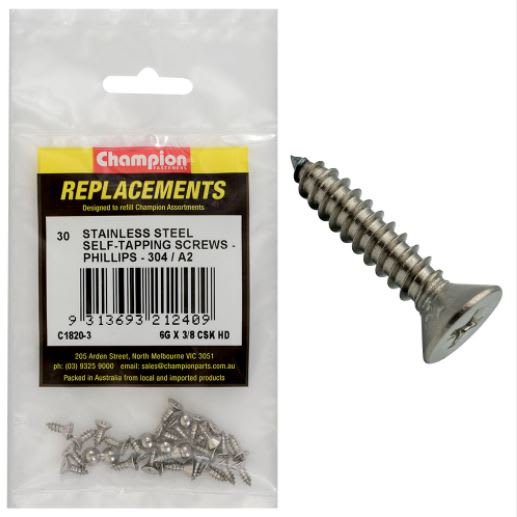 6G x 3/8" S/Tappg Screw Csk Hd Phillips 304/A2-30pk