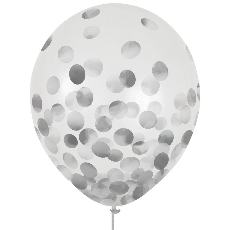 Pack of 6 vibrant 30cm latex balloons with silver confetti, perfect for festive decorations and celebrations.