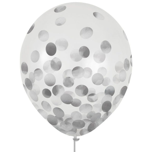 Pack of 6 vibrant 30cm latex balloons with silver confetti, perfect for festive decorations and celebrations.
