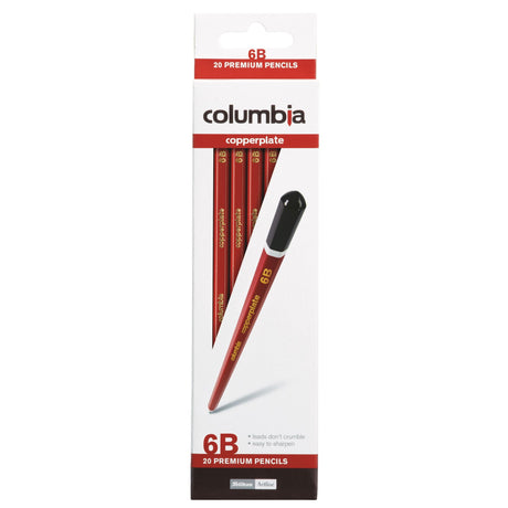 Columbia Copperplate 6B hexagonal lead pencils in a box of 20, featuring a smooth red body and dark brown cap for artists and students.