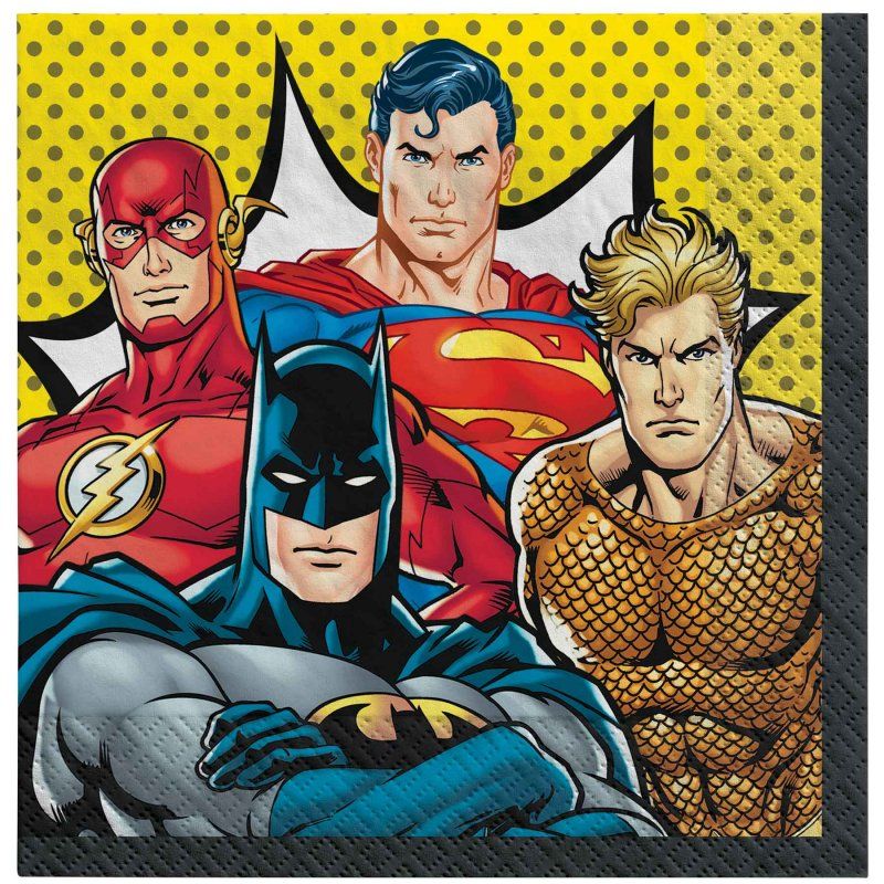 Pack of 16 Justice League lunch napkins featuring superheroes like Superman and Batman, perfect for themed parties.