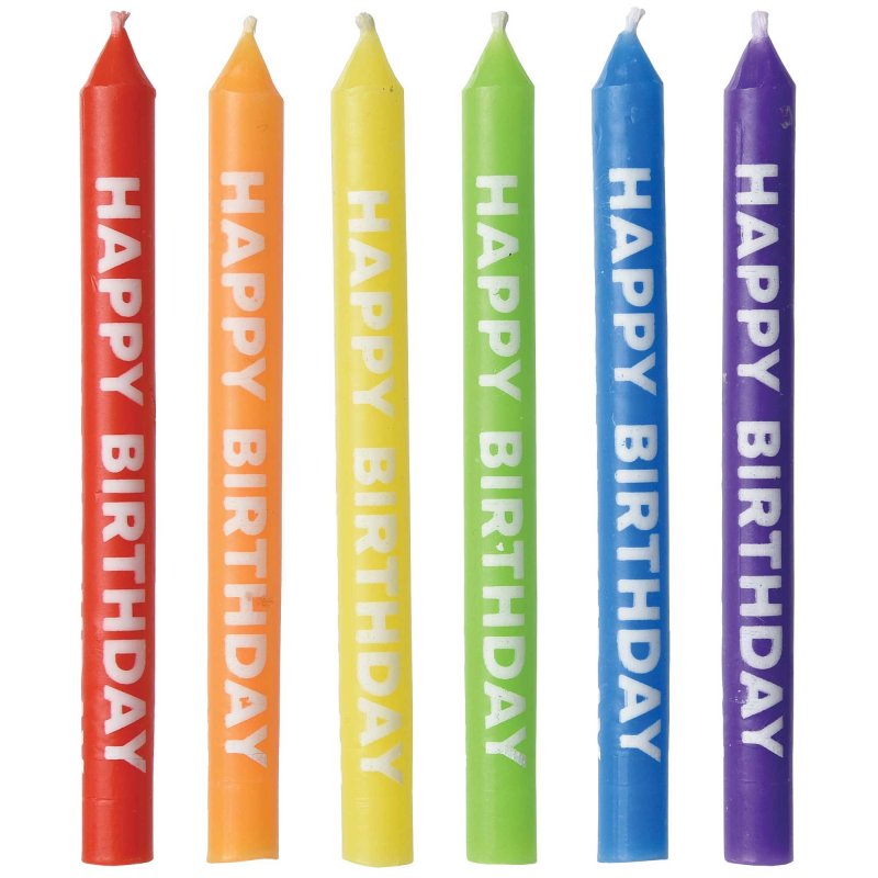 Colorful 8cm rainbow birthday candles in a pack of 12, perfect for celebrating joyful moments at any birthday party!