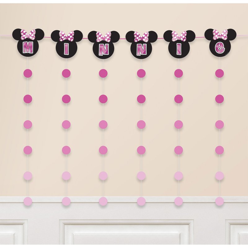 Colorful Minnie Mouse banner string decoration kit for parties, includes a 3m banner and 6 hanging strings.