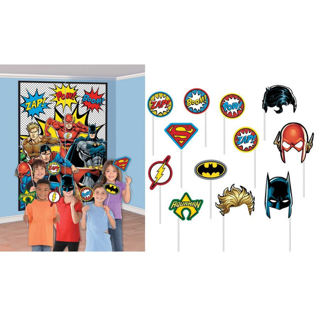 Justice League Unite scene setter pack with 4 large plastic backdrops and 12 fun cardboard props for superhero-themed parties.