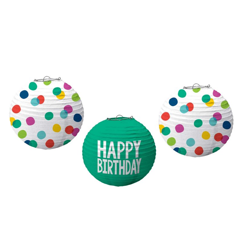 Colorful 24cm paper lanterns with cheerful polka dots, perfect for festive birthday celebrations and versatile decor.