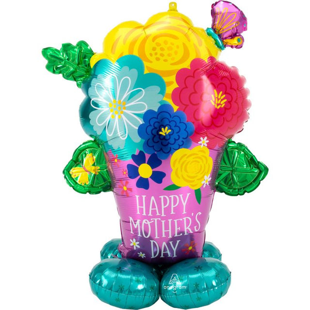 Airloonz Happy Mother's Day flower pot balloon, 99cm x 134cm, features vibrant floral design, perfect for celebrating moms.