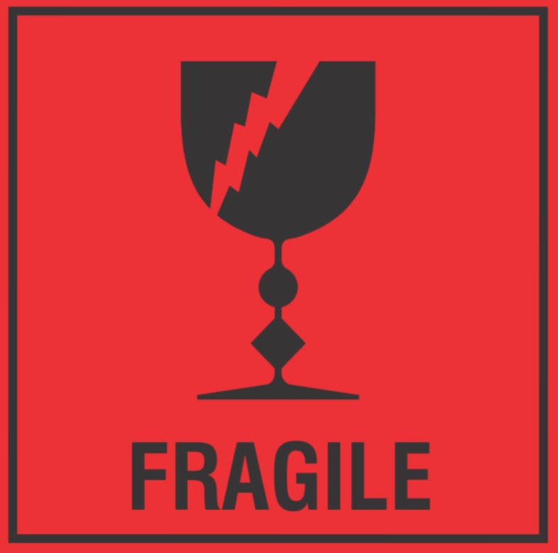 Fragile Shipping Label Black on Red 100x100mm 500 (Roll)