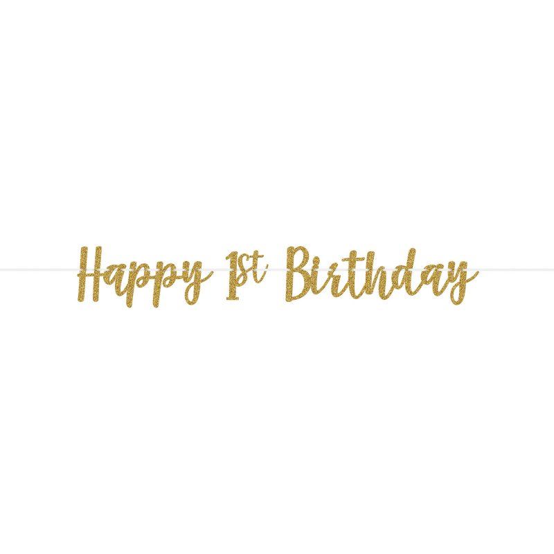 Gold glittered ribbon banner for 1st birthday celebration, measuring 3.65m, perfect for festive decor and photo backdrops.