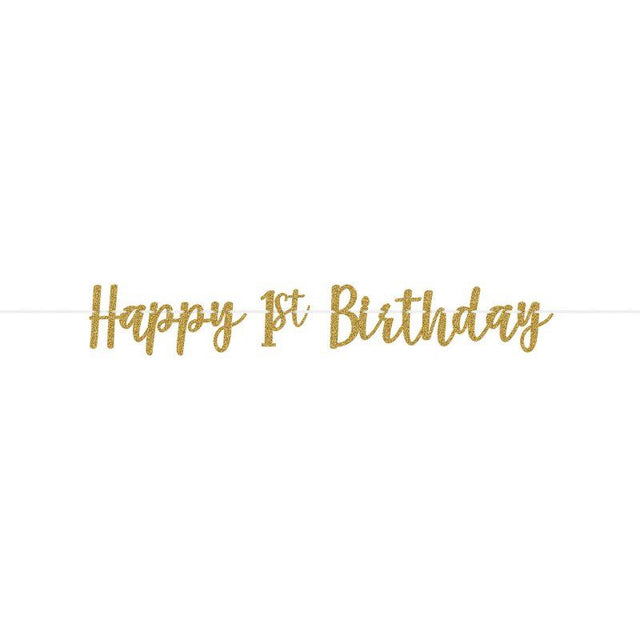 Gold glittered ribbon banner for 1st birthday celebration, measuring 3.65m, perfect for festive decor and photo backdrops.