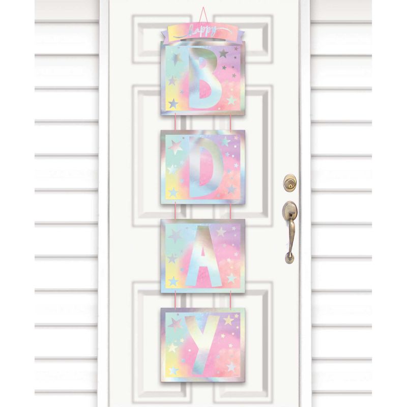 Iridescent foil birthday door hanging decoration, 38cm x 1.6m, perfect for festive celebrations and photo backdrops.