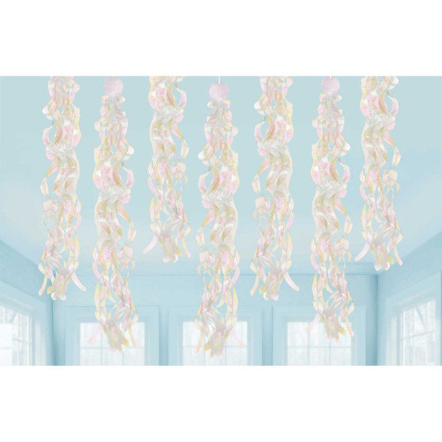 Luminous iridescent swirls hanging decorations, 86cm each, ideal for vibrant birthday parties and celebrations. Pack of 10.