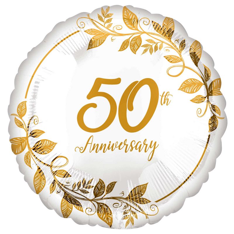 45cm self-sealing foil balloon celebrating a 50th anniversary with vibrant colors and festive design.