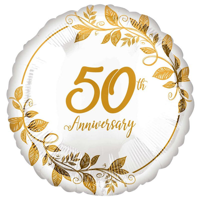45cm self-sealing foil balloon celebrating a 50th anniversary with vibrant colors and festive design.