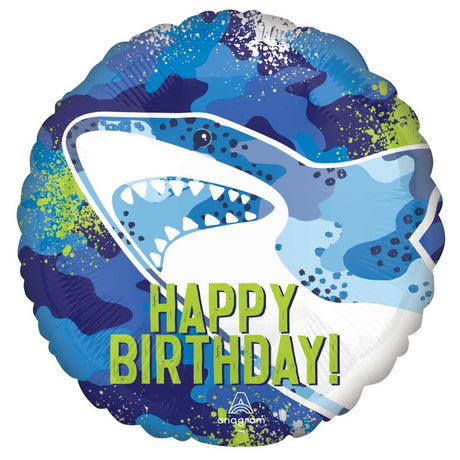 Blue shark-shaped foil balloon with 'Happy Birthday' message, 45cm self-sealing design for festive celebrations.