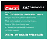 Makita 18V LXT BL T-Mode Cordless Impact Driver 1/4" Hex (Skin Only)