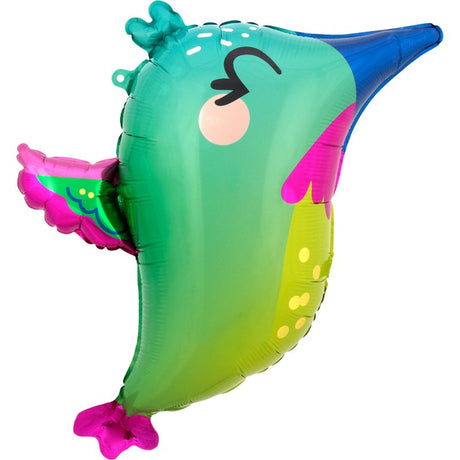 Colorful 63cm foil balloon in the shape of a hummingbird, perfect for celebrations and party decor.