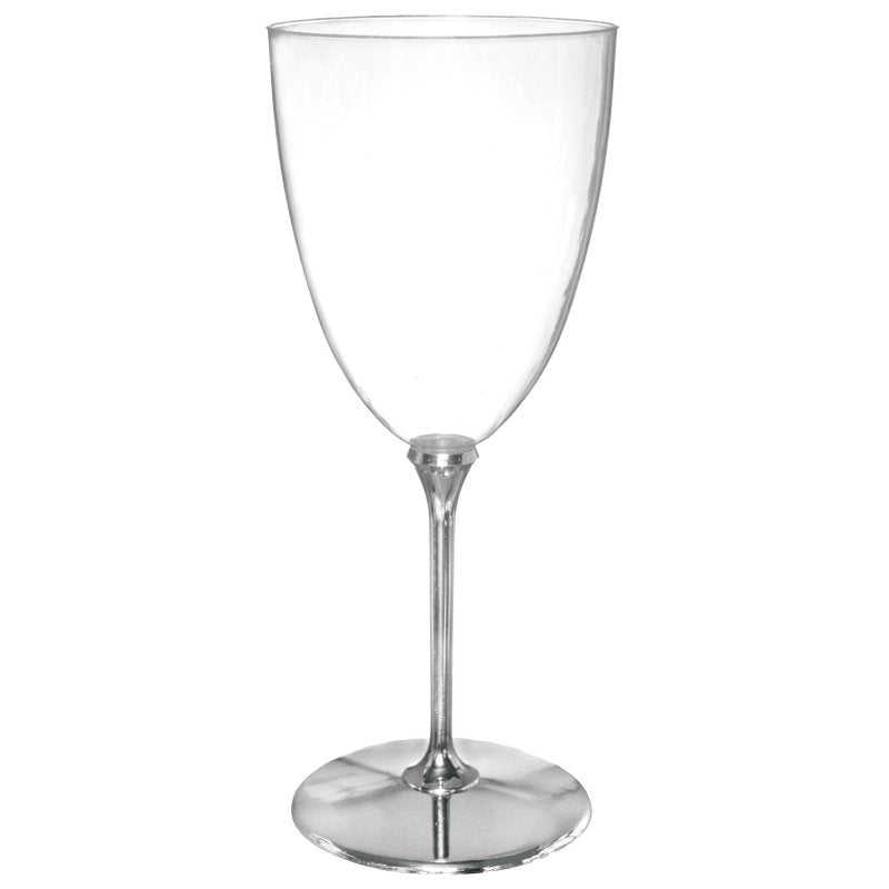 Elegant clear plastic wine glasses with silver stems, 207ml capacity, shatterproof, pack of 8 for stylish gatherings.