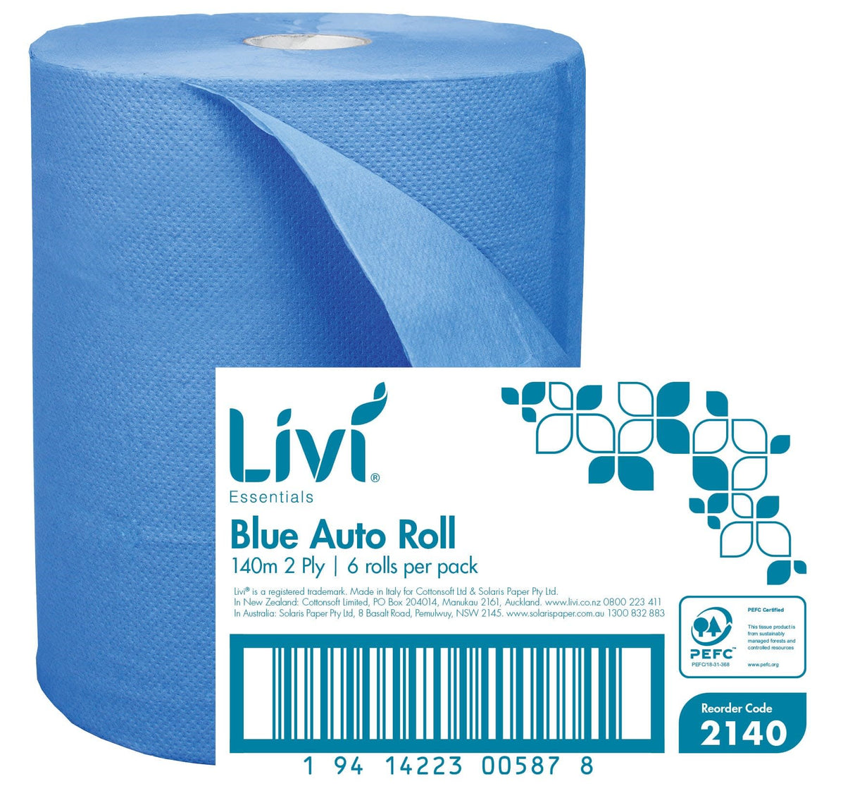 Livi Essentials 2 Ply Auto Roll Paper Towel Blue 140m per roll (Case of 6 Rolls)