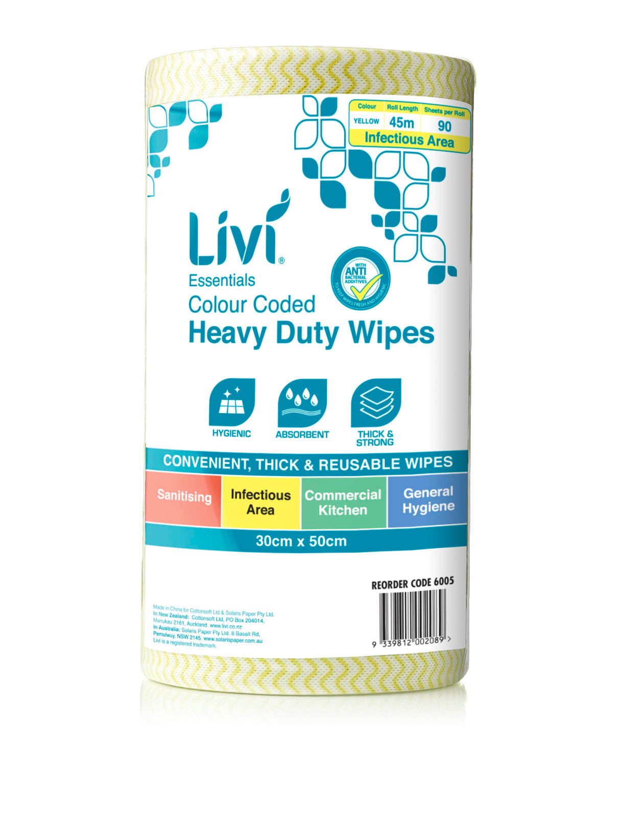 Livi Colour Coded Cloth Wipes Yellow 30cm x 50cm