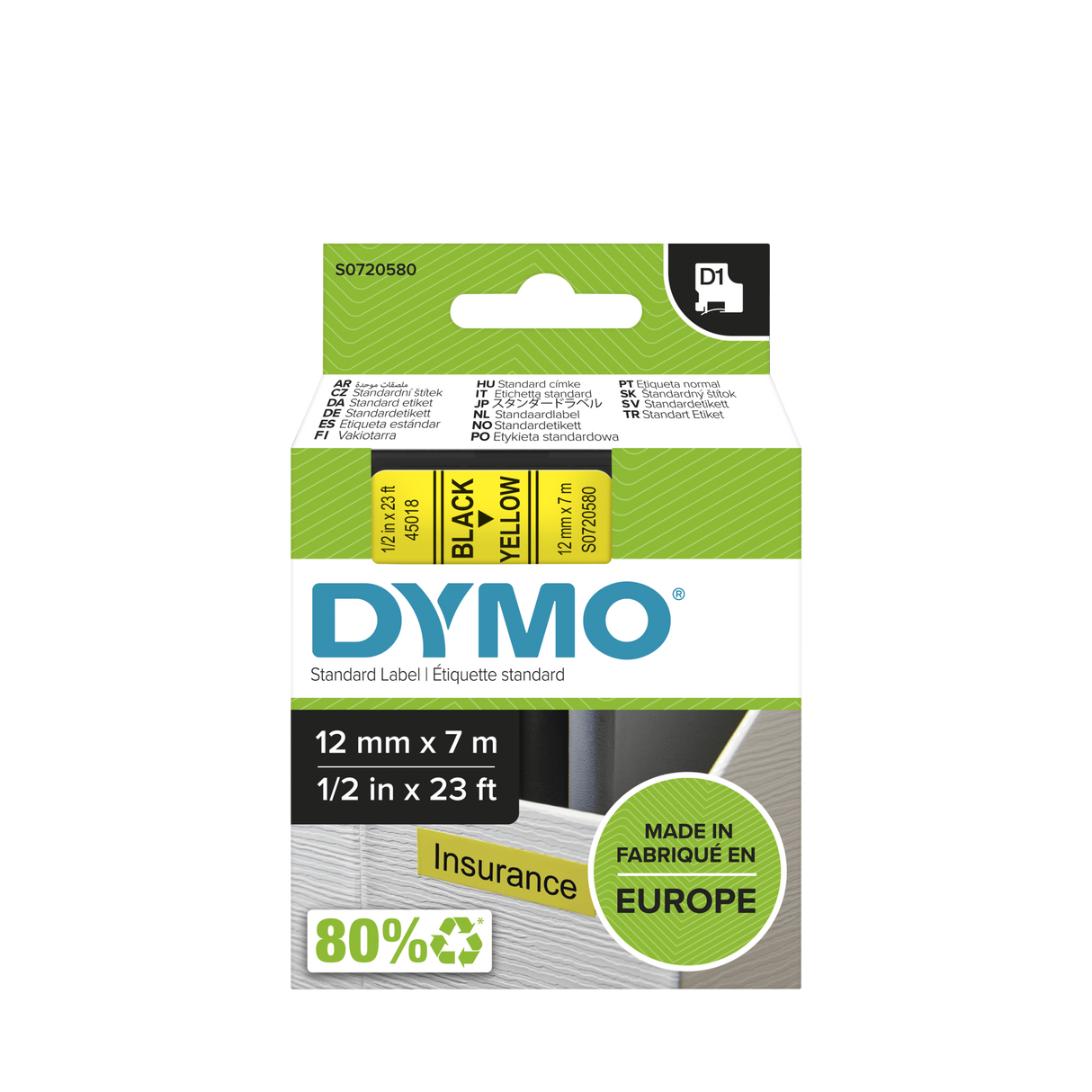 Dymo D1 Labelling Tape Black on Yellow 12mm x 7m (Pack)