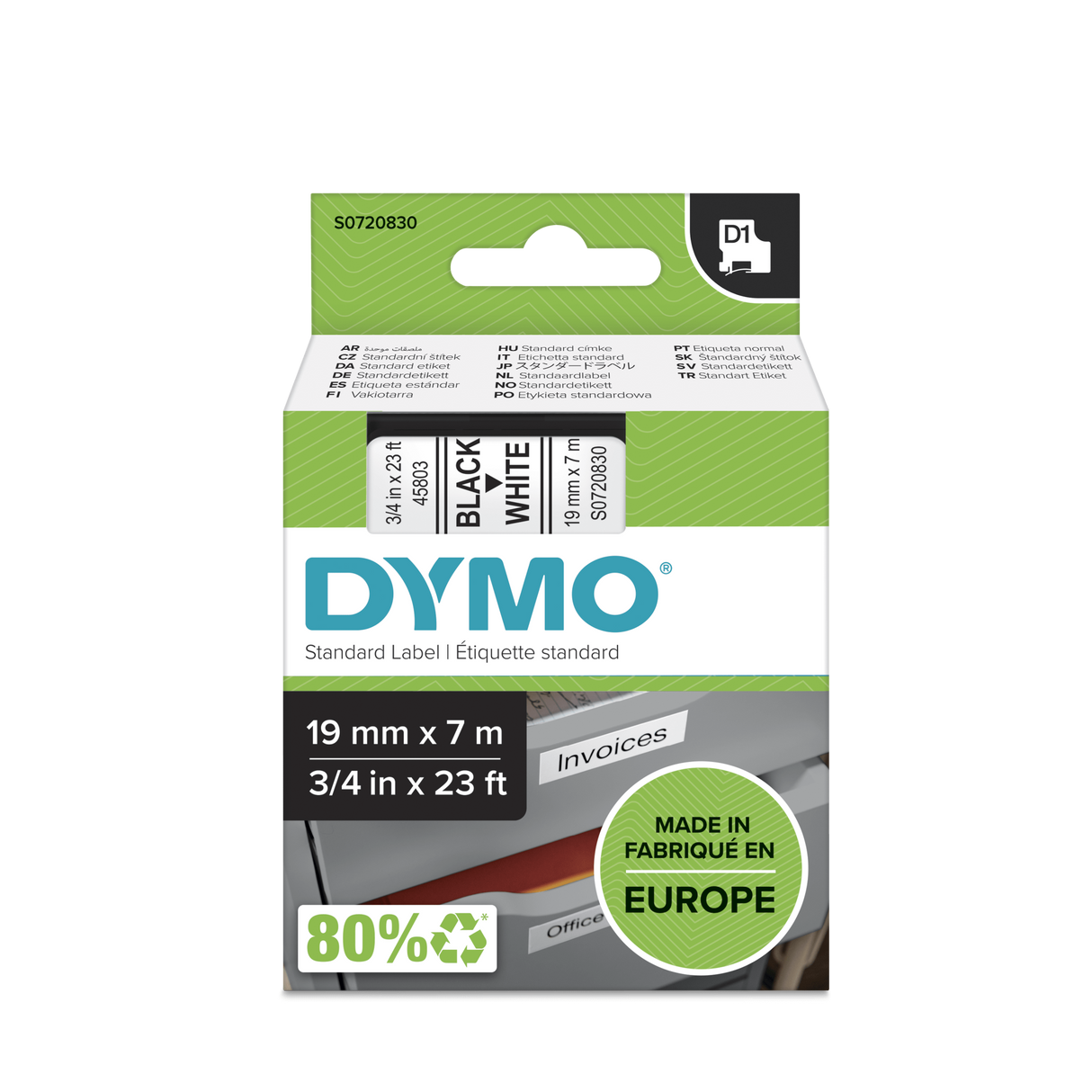 Dymo D1 Labelling Tape Black On White 19mm x 7m (Pack)