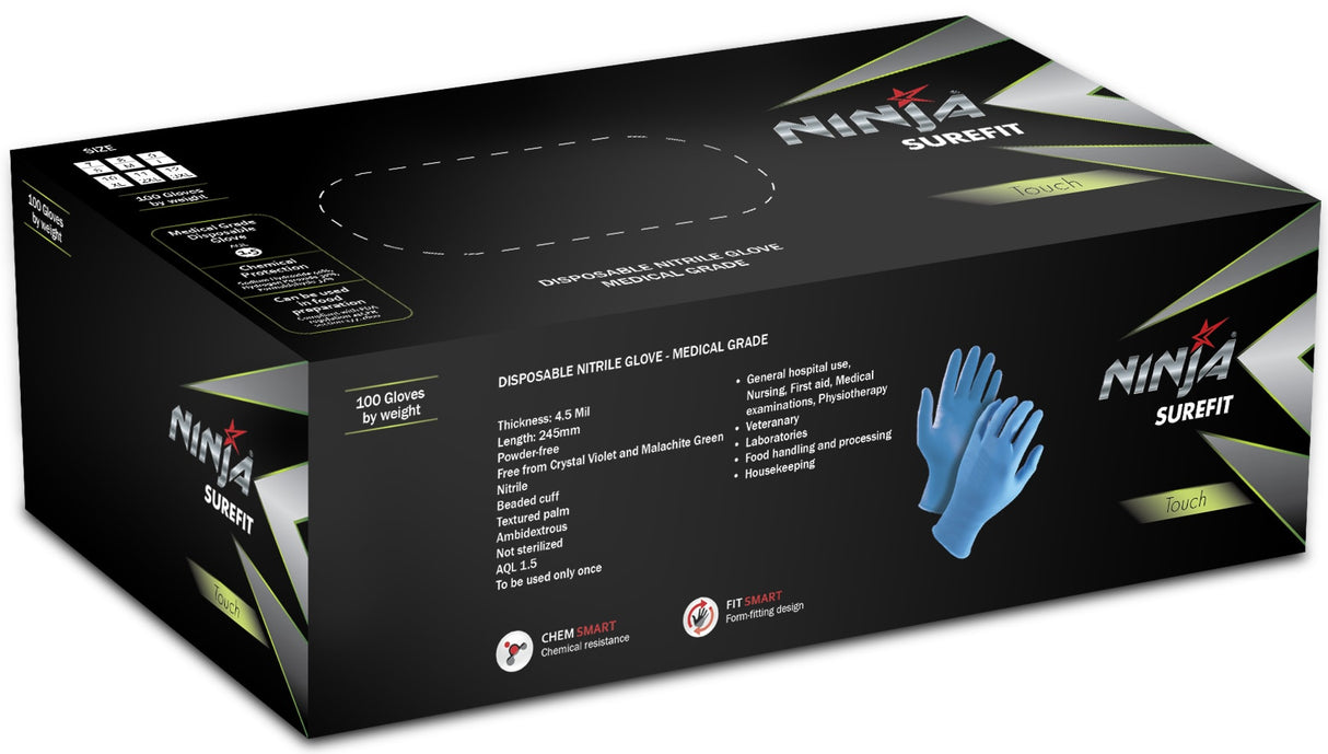 Ninja Surefit Nitrile Gloves Powder Free Blue(Pack of 100) - Standard - XL