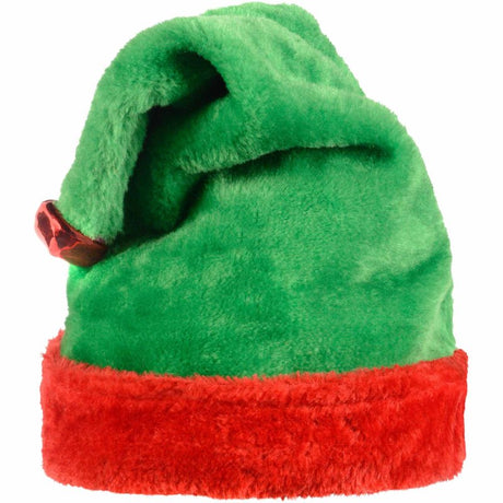 Vibrant green plush elf hat for adults, perfect for festive parties and holiday celebrations.