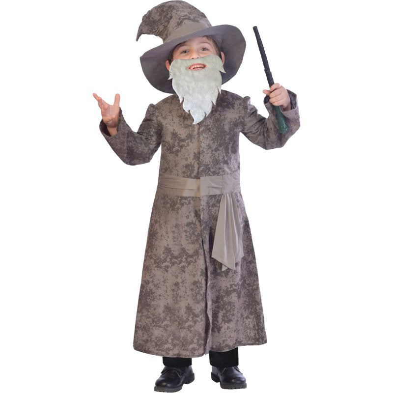 Wise Wizard costume for kids aged 5-6, including robe, hat, beard, and wand for imaginative dress-up play.