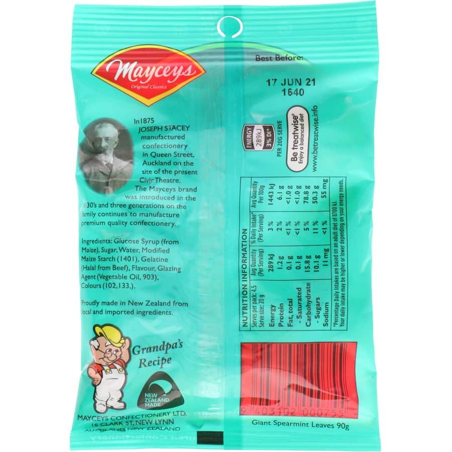 Mayceys Jelly Sweets Giant Spearmint Leaves 90g
