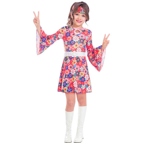 Colorful 1960s-inspired Miss 60s Costume for girls, featuring a stylish dress, belt, and headpiece for retro-themed events.