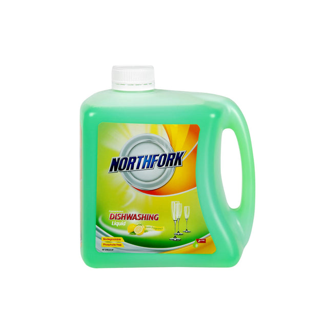 Northfork Dishwashing Liquid 2L, eco-friendly dish soap that effectively cleans and protects hands while tackling tough grease.