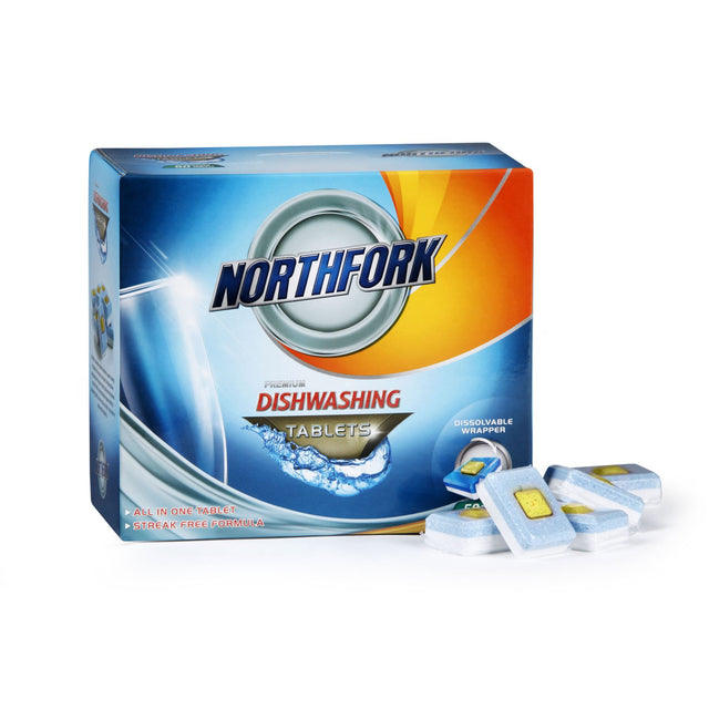 Northfork Dishwashing Tablets Box of 50, featuring streak-free formula and dissolvable wraps for efficient cleaning.