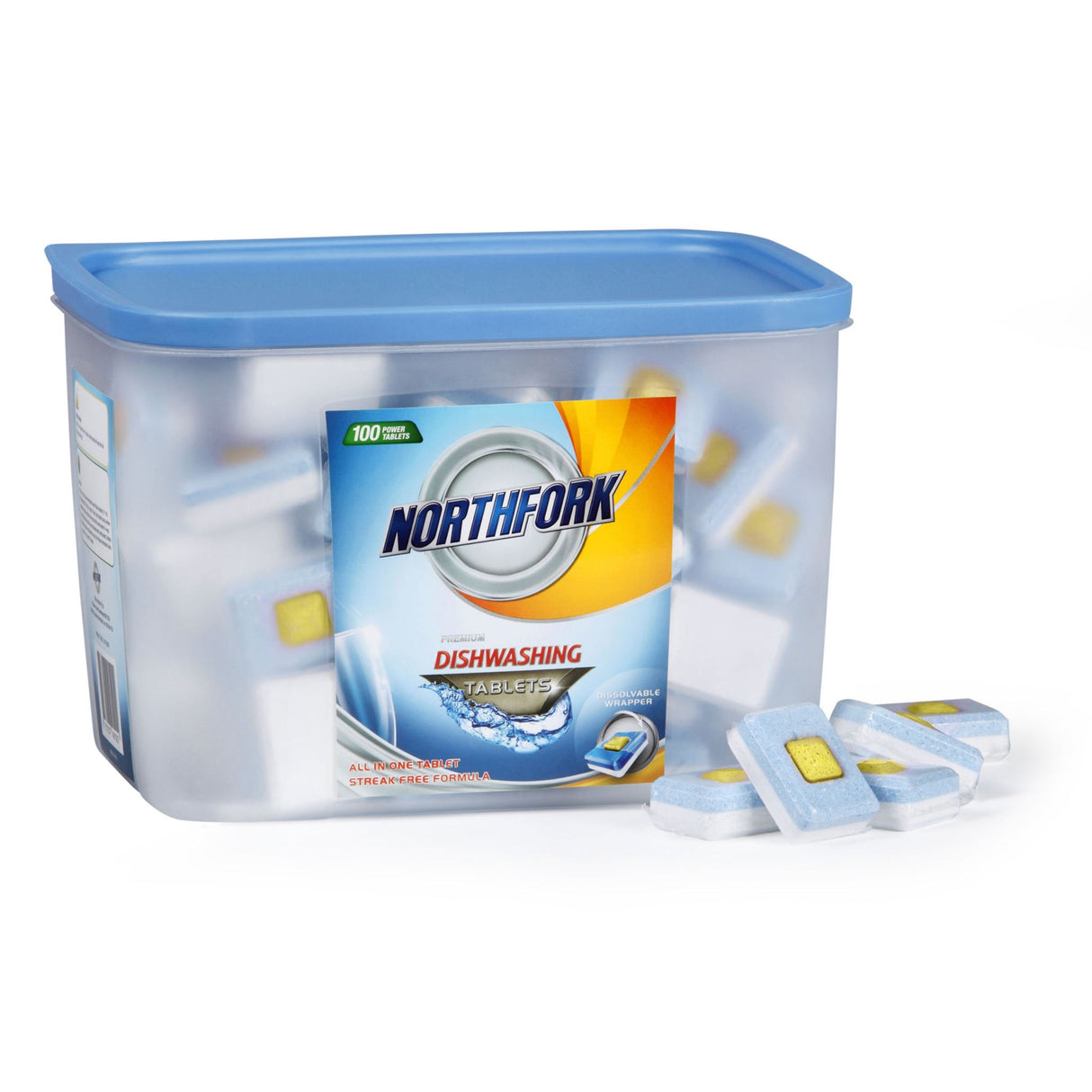 Northfork Dishwashing Tablets Box 100, premium all-in-one tablets for streak-free, immaculate dishes with eco-friendly dissolvable wrappers.