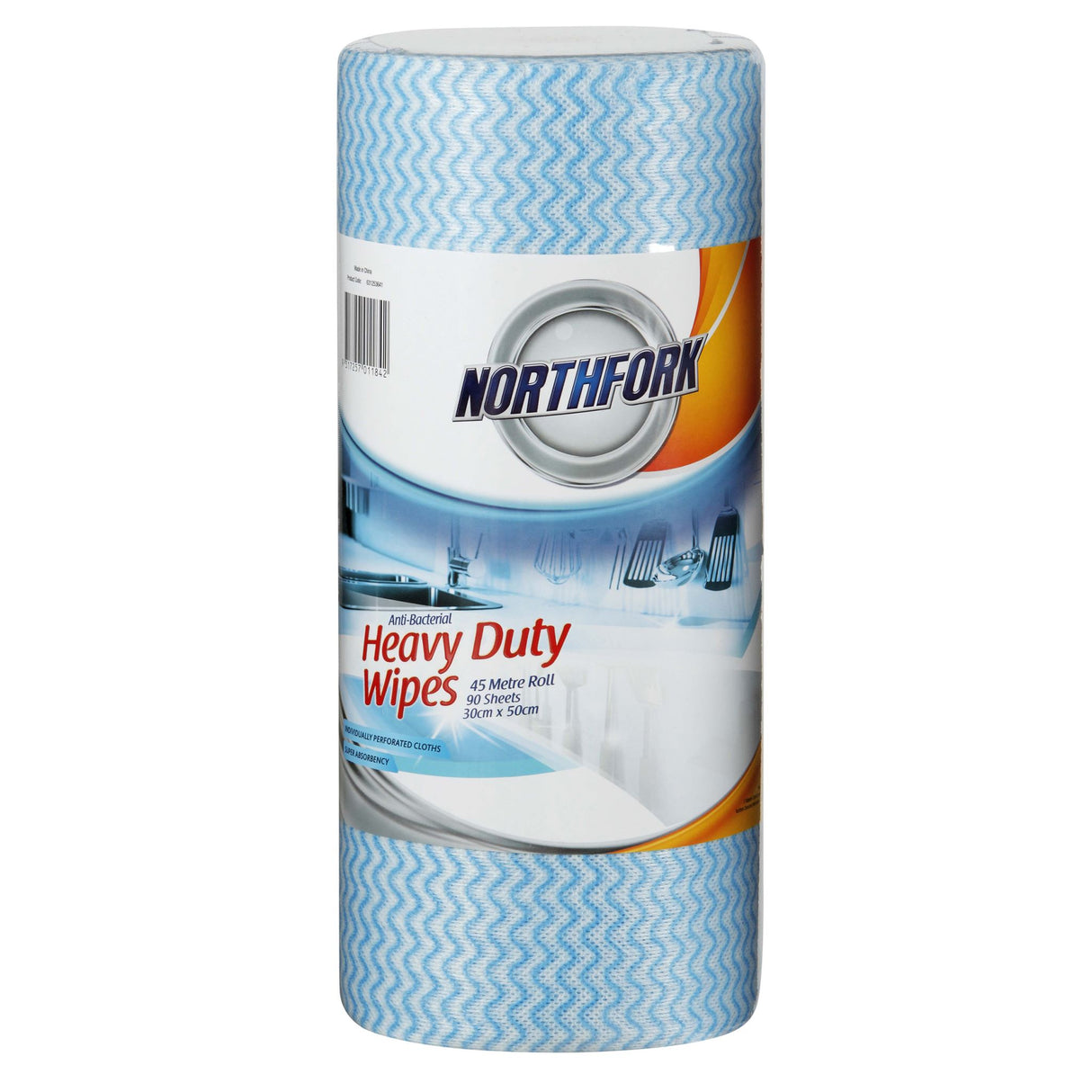 Northfork Heavy Duty Antibacterial Perforated Cloth Roll, 45m, 90 sheets; durable, absorbent, and ideal for multiple cleaning tasks.